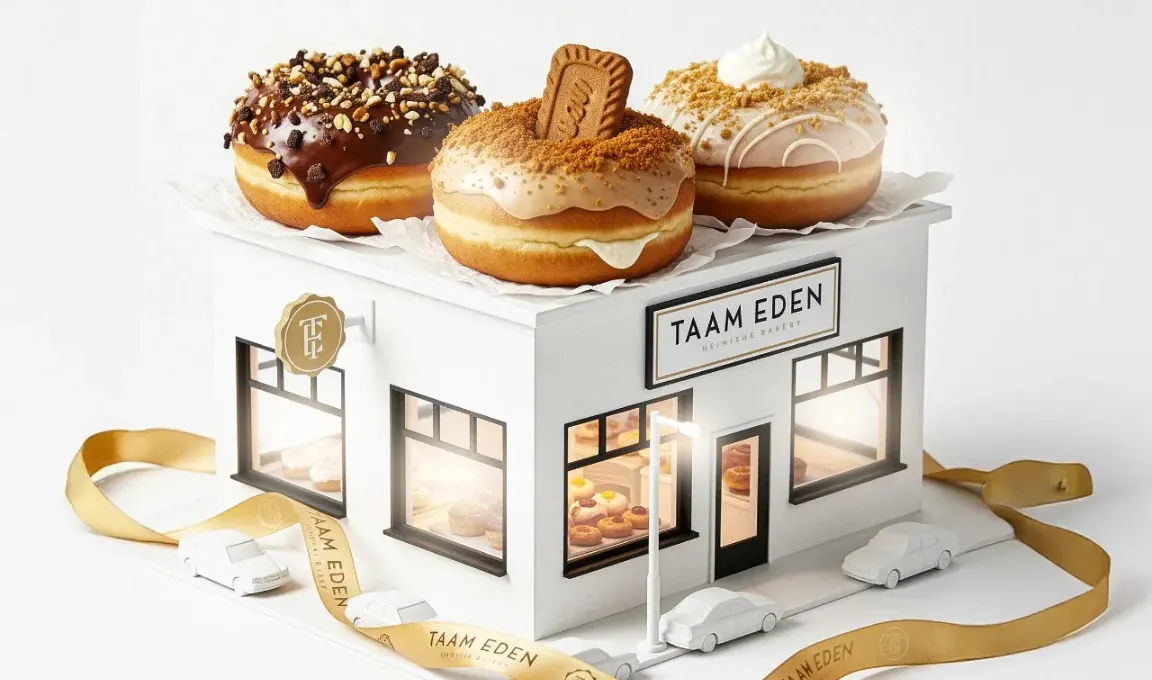 Three donuts on top of a model Taam Eden storefront